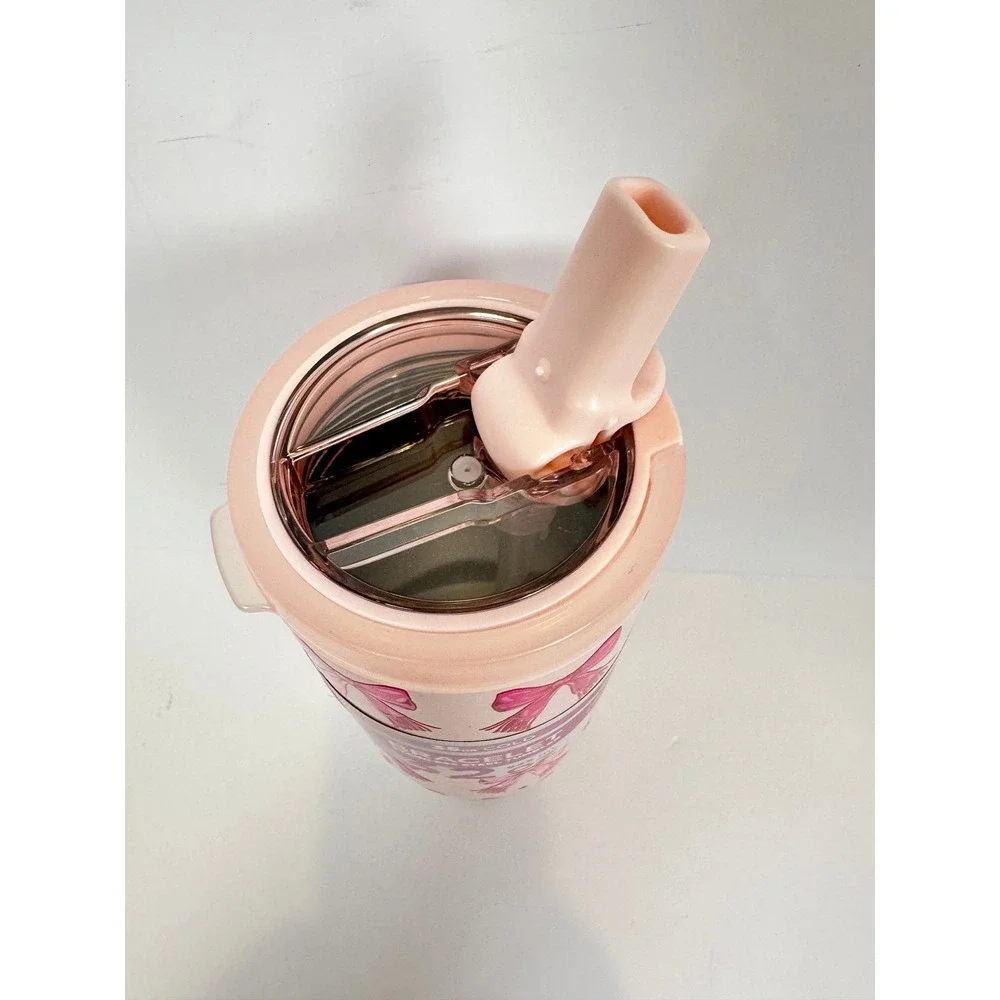 Manna Bracelet Tumbler Women 32oz‎ Pink NEW 3D Bow Stainless Steel Straw Handle